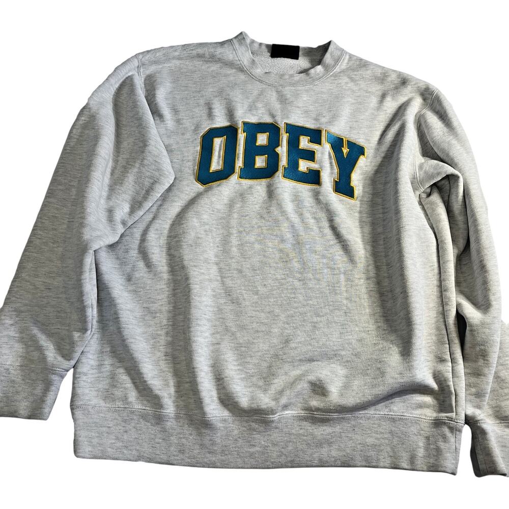 OBEY Mens Crewneck Sweatshirt Gray Small S Streetwear Graphic Fleece Pullover - Picture 2 of 7